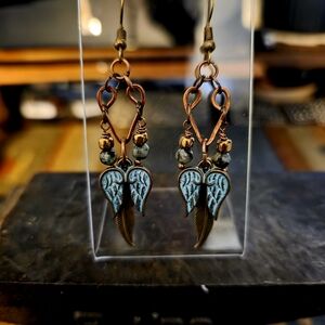 Hand Crafted By Me, Elegant Patina Color and Copper Angel Wing Earrings